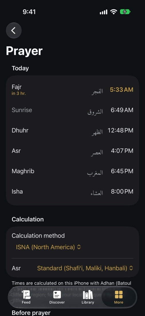 Today’s prayer times, with the next prayer counted down.